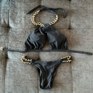 Sauvage Chic Black Bikini with Gold Chain Accents